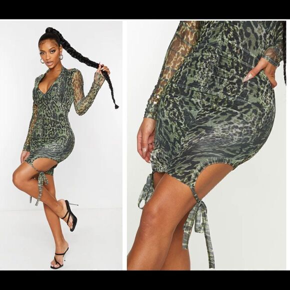 Prettylittlething Green Animal Print Mesh Ruched Curved Hem Bodycon MINI Dress - Picture 4 of 10